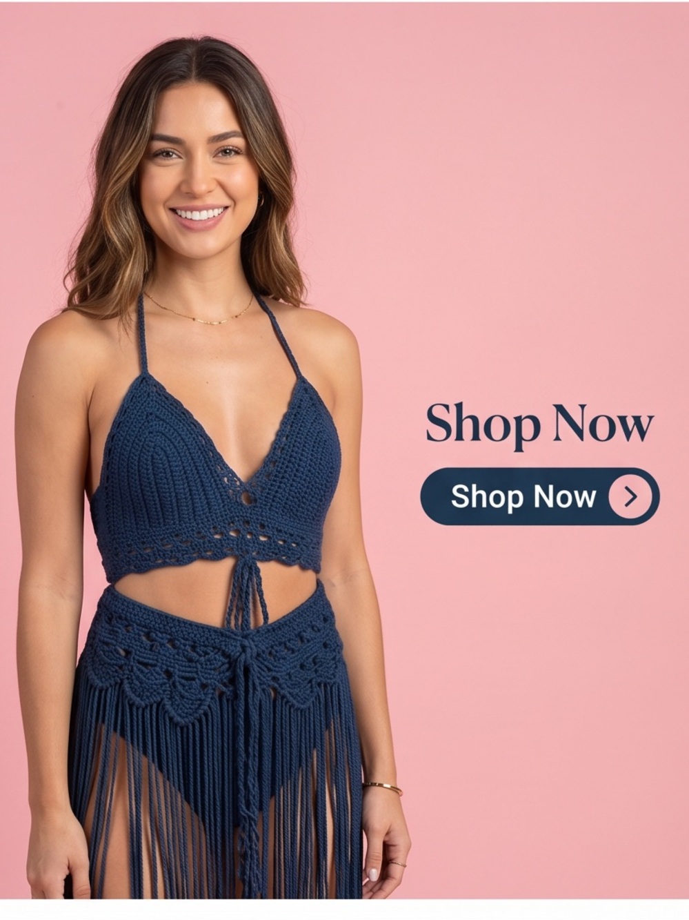 Boho Navy macramé Halter Bikini Top and Fringe swimsuit cover-up Skirt Set LARGE - Picture 3 of 13